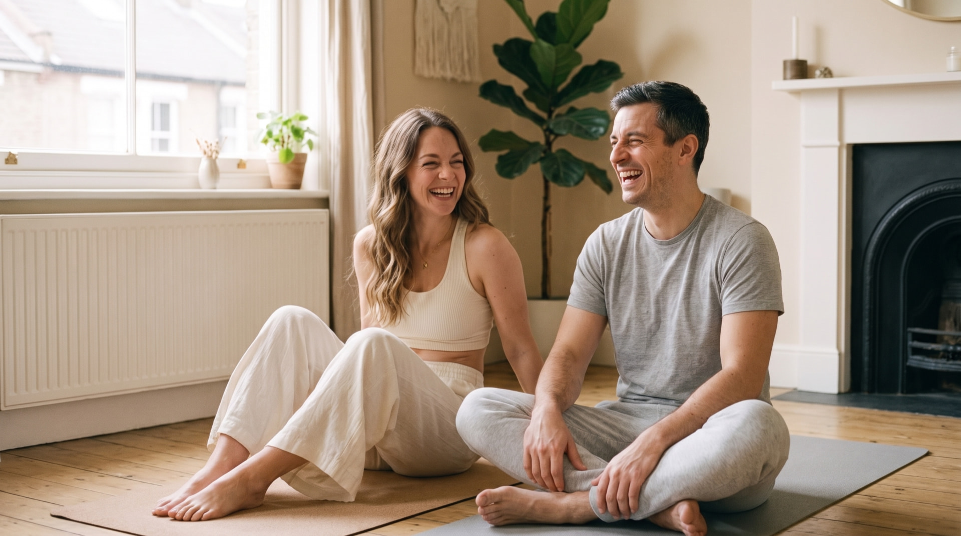Couple smiling together after a wellness session at home